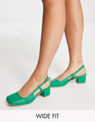 RAID Wide Fit Sisily square toe sling back shoes with mid heel in green - ASOS Price Checker