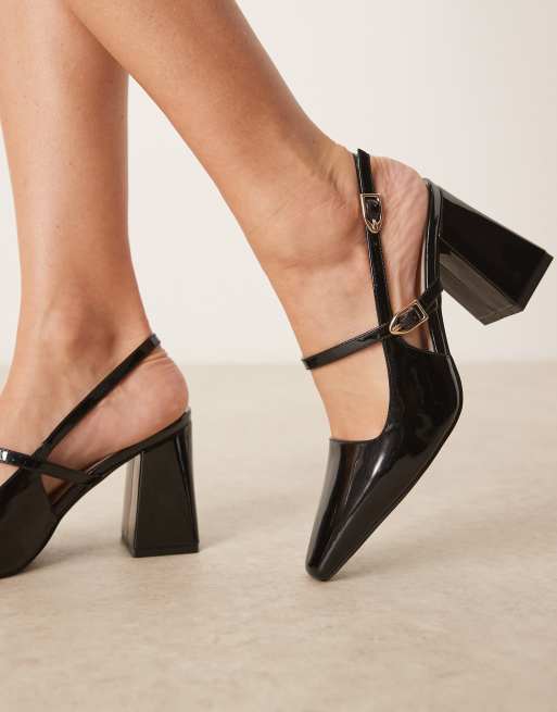 RAID Wide Fit Siya block heeled shoes with pointed toes in black patent