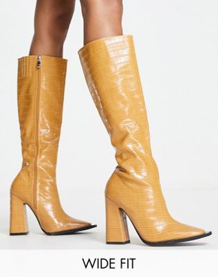 RAID Wide Fit Sphere heeled knee boots in toffee croc - ASOS Price Checker