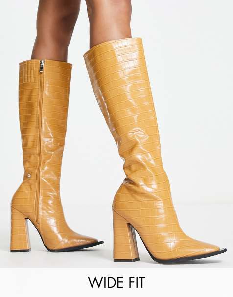 RAID Wide Fit Sphere heeled knee boots in toffee croc - view 1