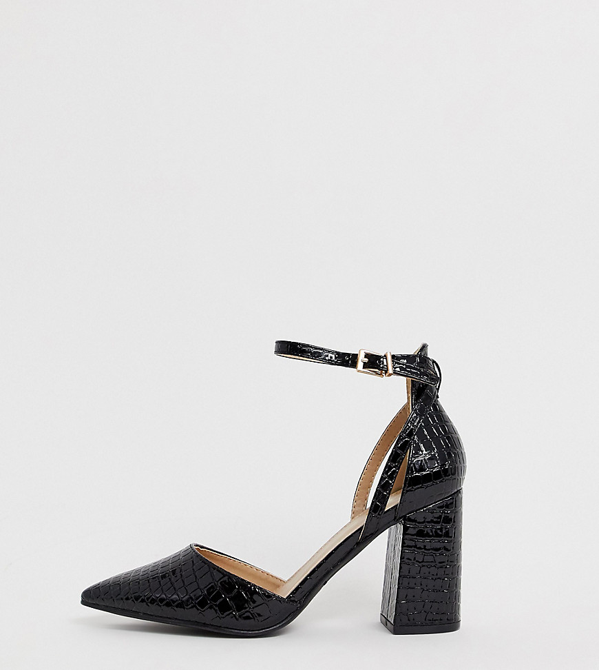 Raid Wide Fit – Svarta skor med blockklack, krokodilskinnsmönster och bred passform