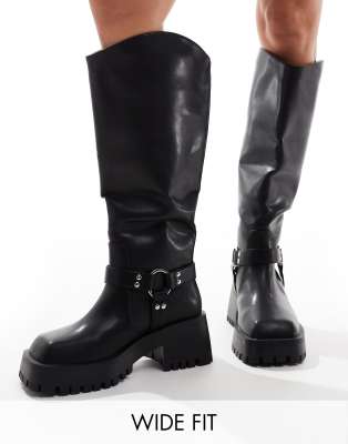 Ultra biker knee boots with square toe in black