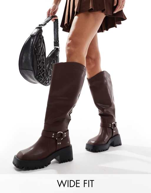 RAID Wide Fit Ultra biker knee boots with square toe in brown