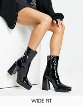 patent square toe flare heel sock boot