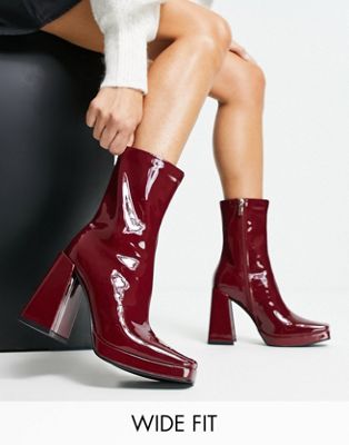 RAID Wide Fit Vista heeled sock boots in dark red vinyl