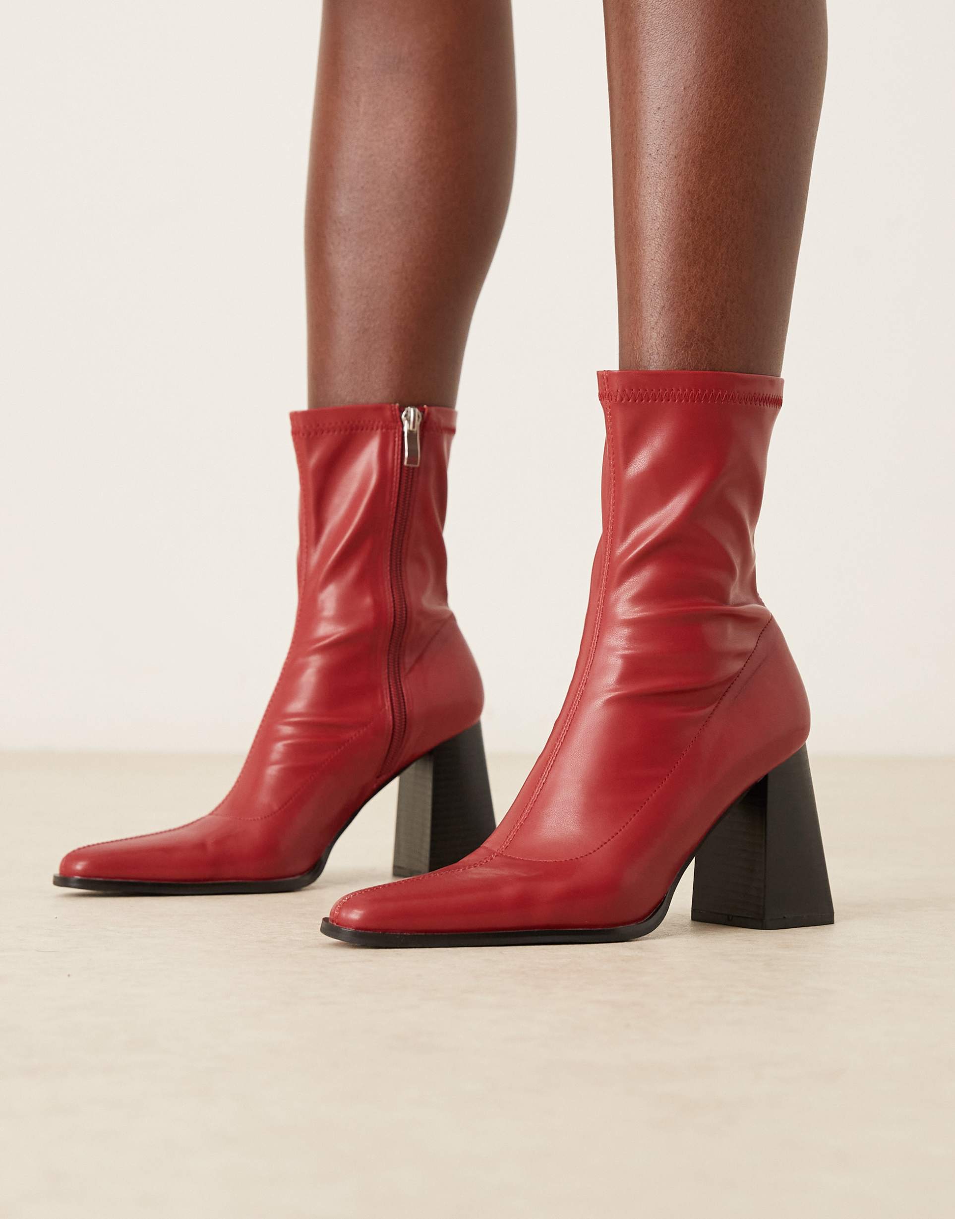 raid wide fit whisper block heeled ankle boots with pointed toes in burgundy