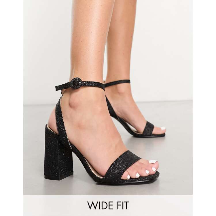 RAID Wide Fit Wink mid block heeled sandal in black glitter ASOS