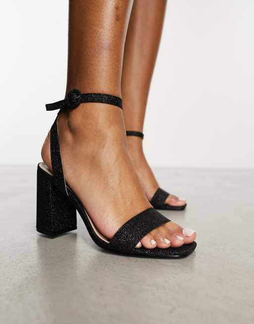 RAID Wink mid block heeled sandal in black glitter ASOS