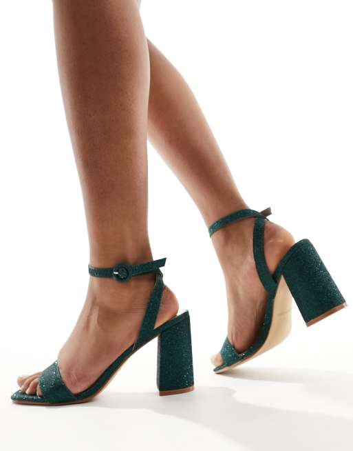 RAID Wink mid block heeled sandals in green glitter