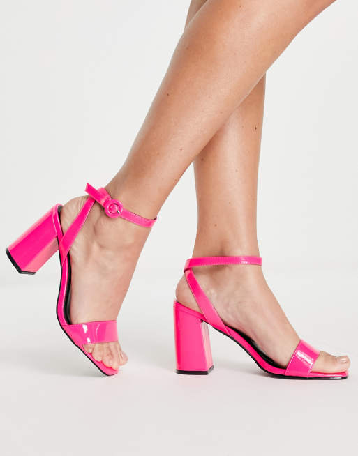 RAID Wink square toe block heeled sandals in bright pink patent