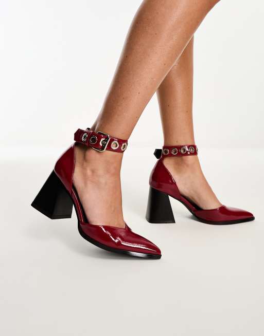 Burgundy block hot sale heel pumps