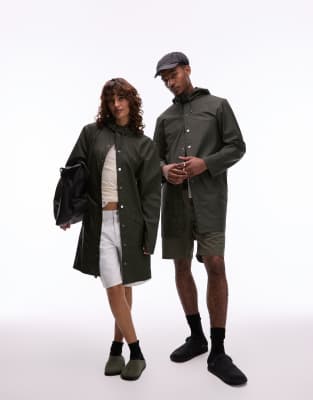 Rains - 12020 - Uniseks lang waterbestendig jack in groen | ASOS