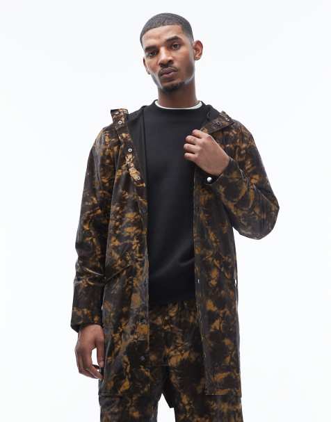 Rains 12020 Unisex long waterproof hooded jacket in muddy print brown - view 1