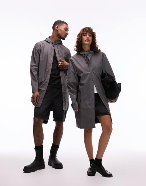 Rains 12020 unisex waterproof long hooded jacket in grey