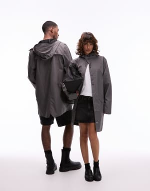 Rains 12020 unisex waterproof long hooded jacket in grey