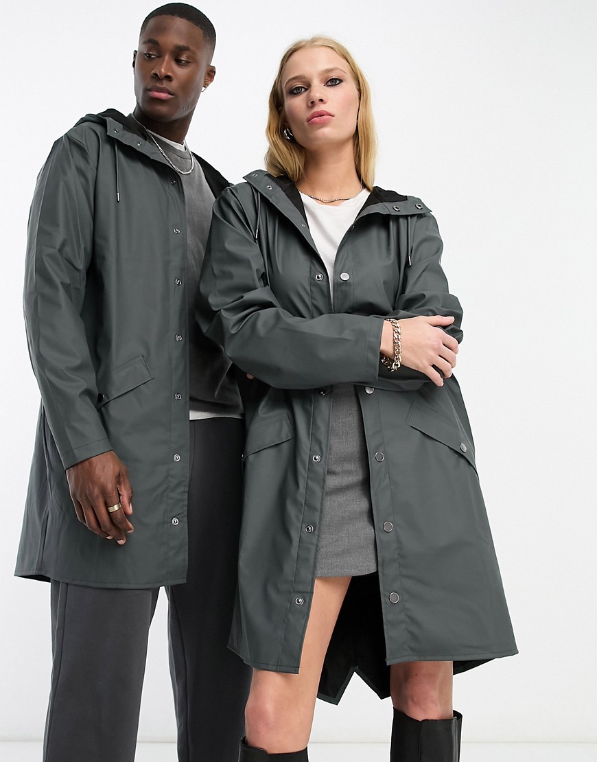 Rains 12020 unisex waterproof long jacket in slate-Grey