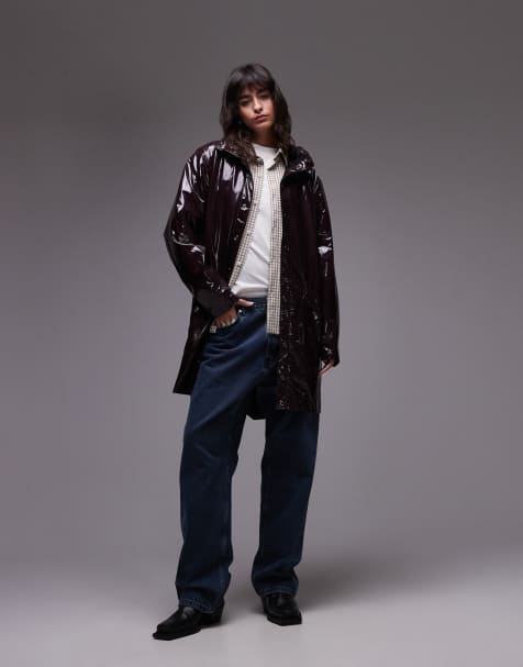 Rains 12020 waterproof long jacket in burgundy shine exclusive to ASOS - view 1