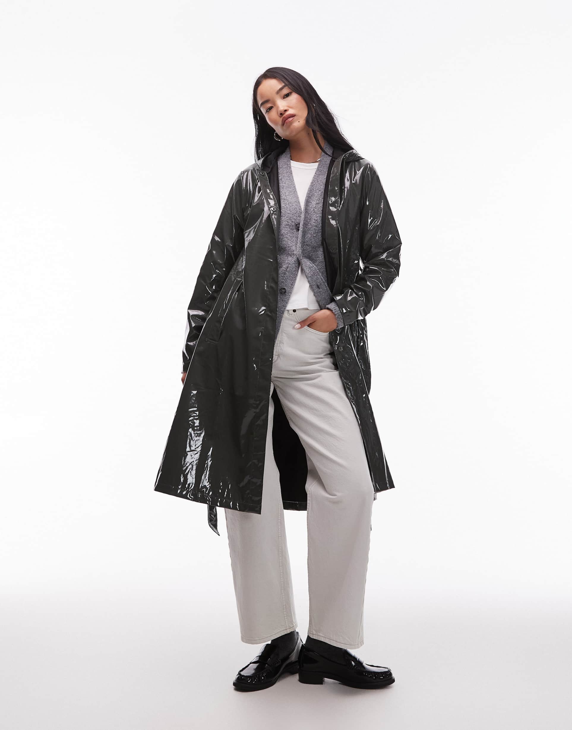 rains 12040 a-line belted waterproof longer jacket in green shine