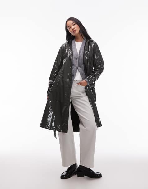 Rains – 12040 – Wasserdichte, längere Jacke in glänzendem Grün mit Bindegürtel und A-Linien-Schnitt - view 1