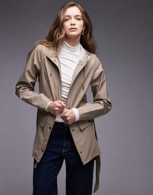 Rains Rains 12100 belted curve waterproof short jacket in beige-Neutral