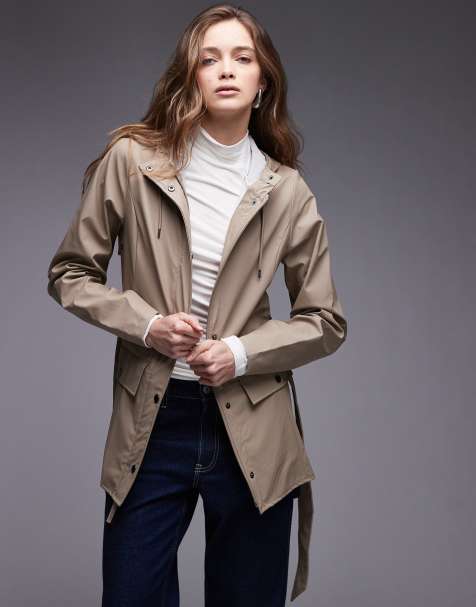 Rains 12100 belted curve waterproof short jacket in beige - view 1