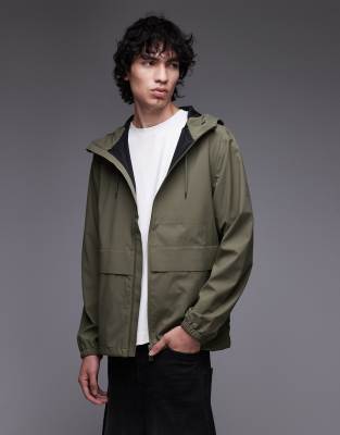 Rains Rains 12420 Suva zip through waterproof hardshell jacket in khaki-Green