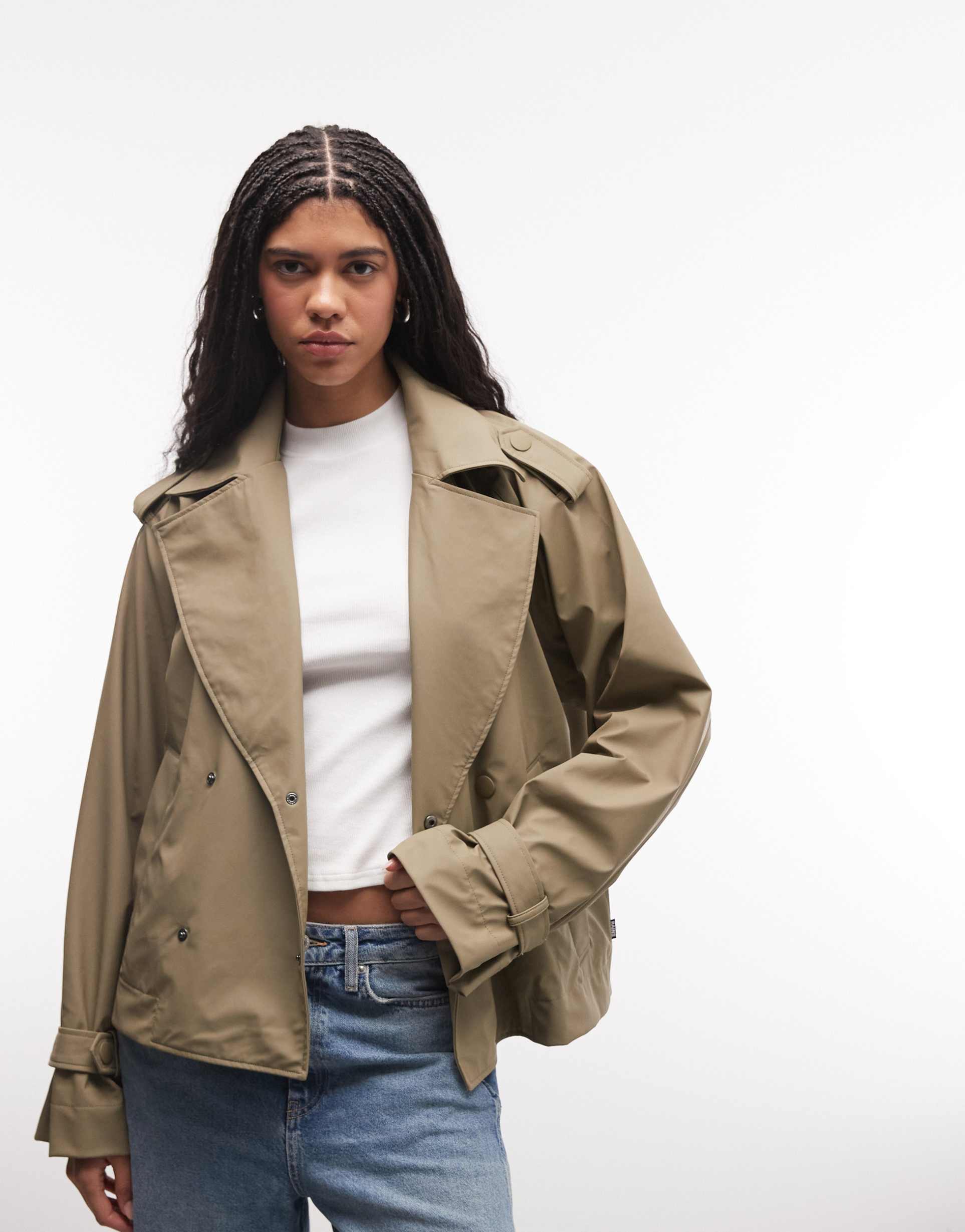 rains 12610 waterproof double breasted short trench coat in dark beige