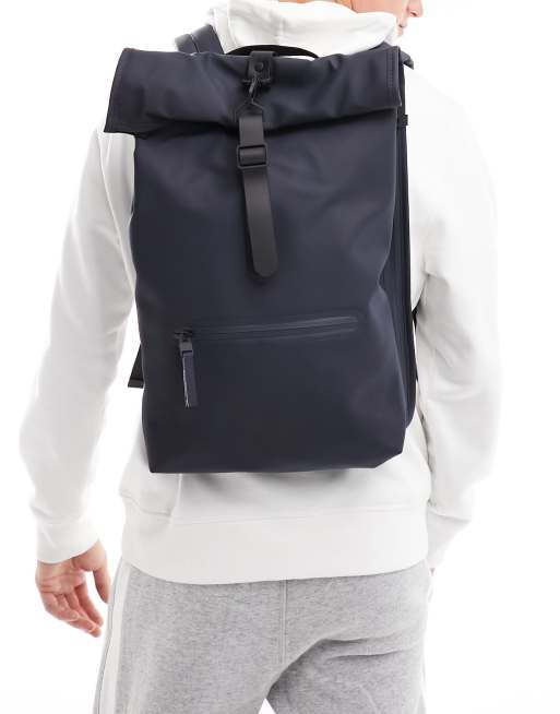 Rains 13320 waterproof roll top backpack in navy | ASOS