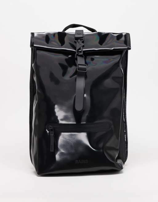 Rains 13320 waterproof rolltop backpack in shiny black ASOS