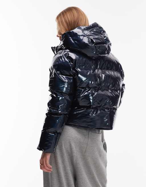 Rains 15150 Alta waterproof short puffer jacket in navy shine, 4 of 4