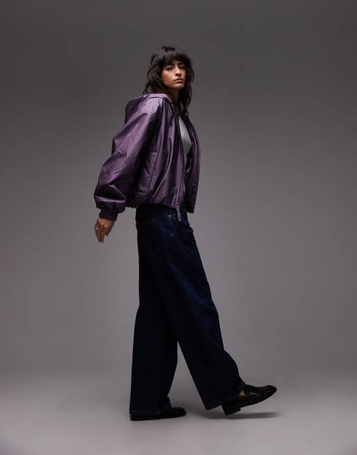 Rains 17290 Lohja waterproof insulated hooded bomber jacket in metallic purple, 2 of 4
