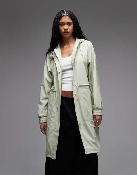 Rains 18550 String waterproof cinched longer parka jacket in light green - view 1