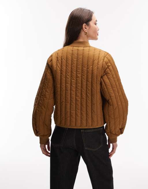 Rains 21760 Banja water repellent quilted liner bomber jacket in golden brown, 3 of 4