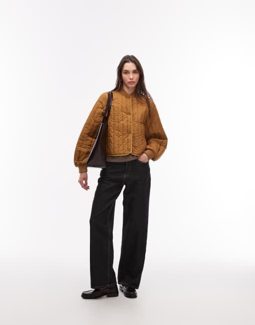 Rains 21760 Banja water repellent quilted liner bomber jacket in golden brown, 4 of 4