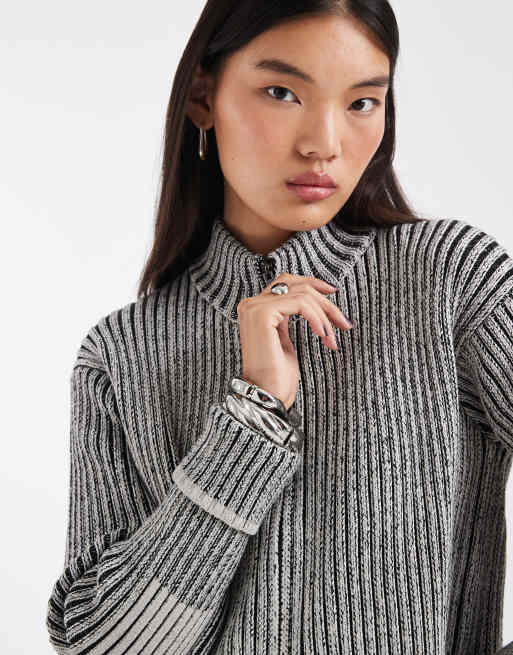 Rains 31020 Sapa zip through funnel neck knitted cardigan in white/black, 2 of 4