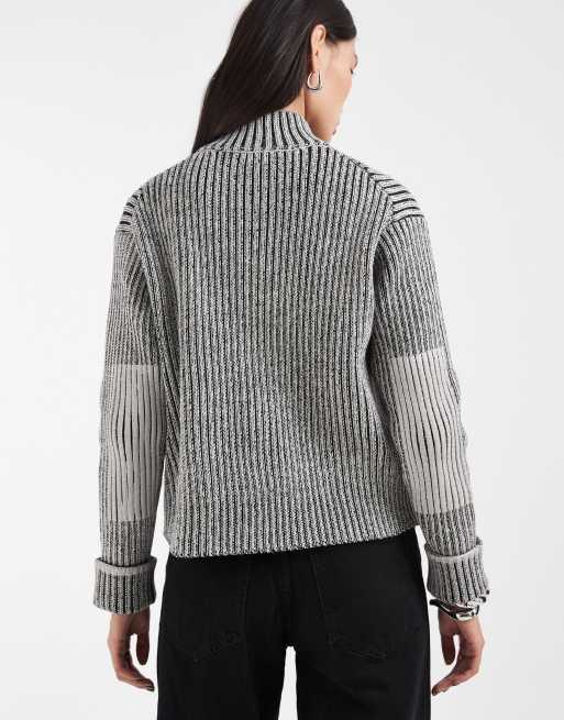 Rains 31020 Sapa zip through funnel neck knitted cardigan in white/black, 3 of 4