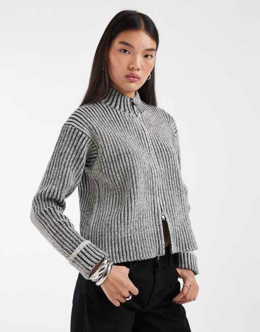 Rains 31020 Sapa zip through funnel neck knitted cardigan in white/black, 4 of 4