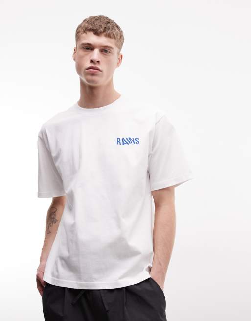 Rains - 41000 - T-shirt comoda bianca con logo ondulato e stampa sul retro, 2 di 5