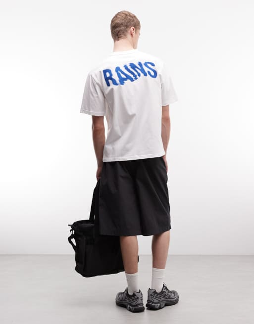 Rains - 41000 - T-shirt comoda bianca con logo ondulato e stampa sul retro, 3 di 5