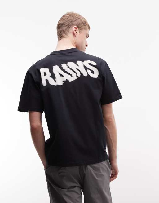 Rains - 41000 - T-shirt comoda nera con logo ondulato e stampa sul retro, 2 di 5