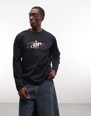 Rains 41510 Long Sleeve Relaxed Fit Graphic Logo T-shirt In Black