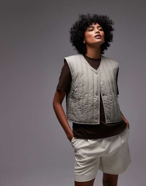 Rains Banja crop quilted liner gilet in light khaki - view 1