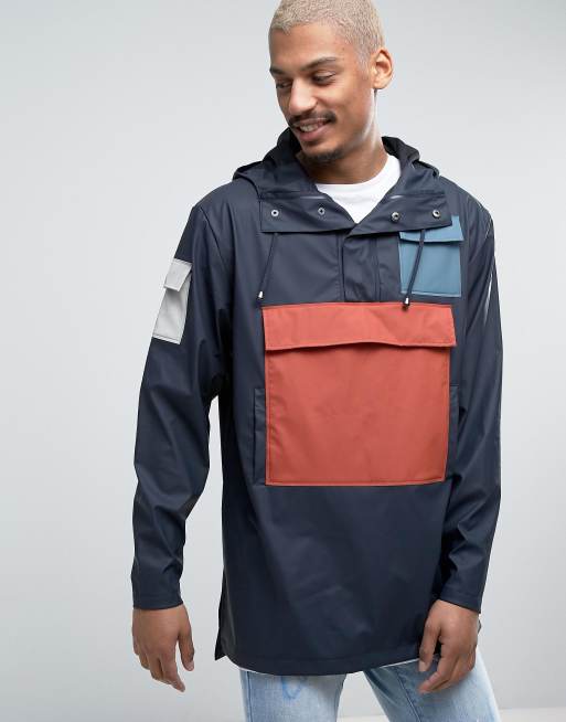 Rains Camp Anorak Overhead Jacket Waterproof Block Colors in Navy | ASOS