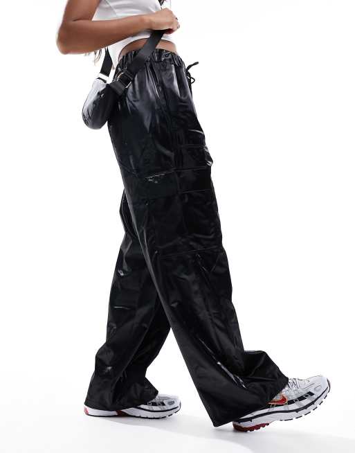 Black shiny cargo pants deals