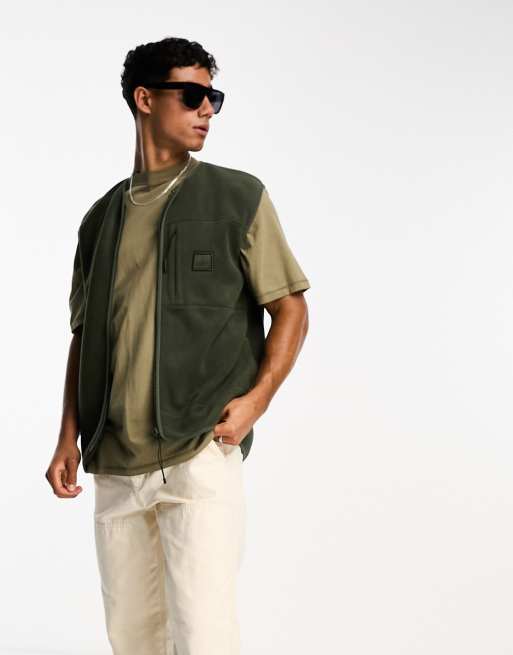 Rains – Fleece-Weste in Khaki mit durchgehendem Reißverschluss