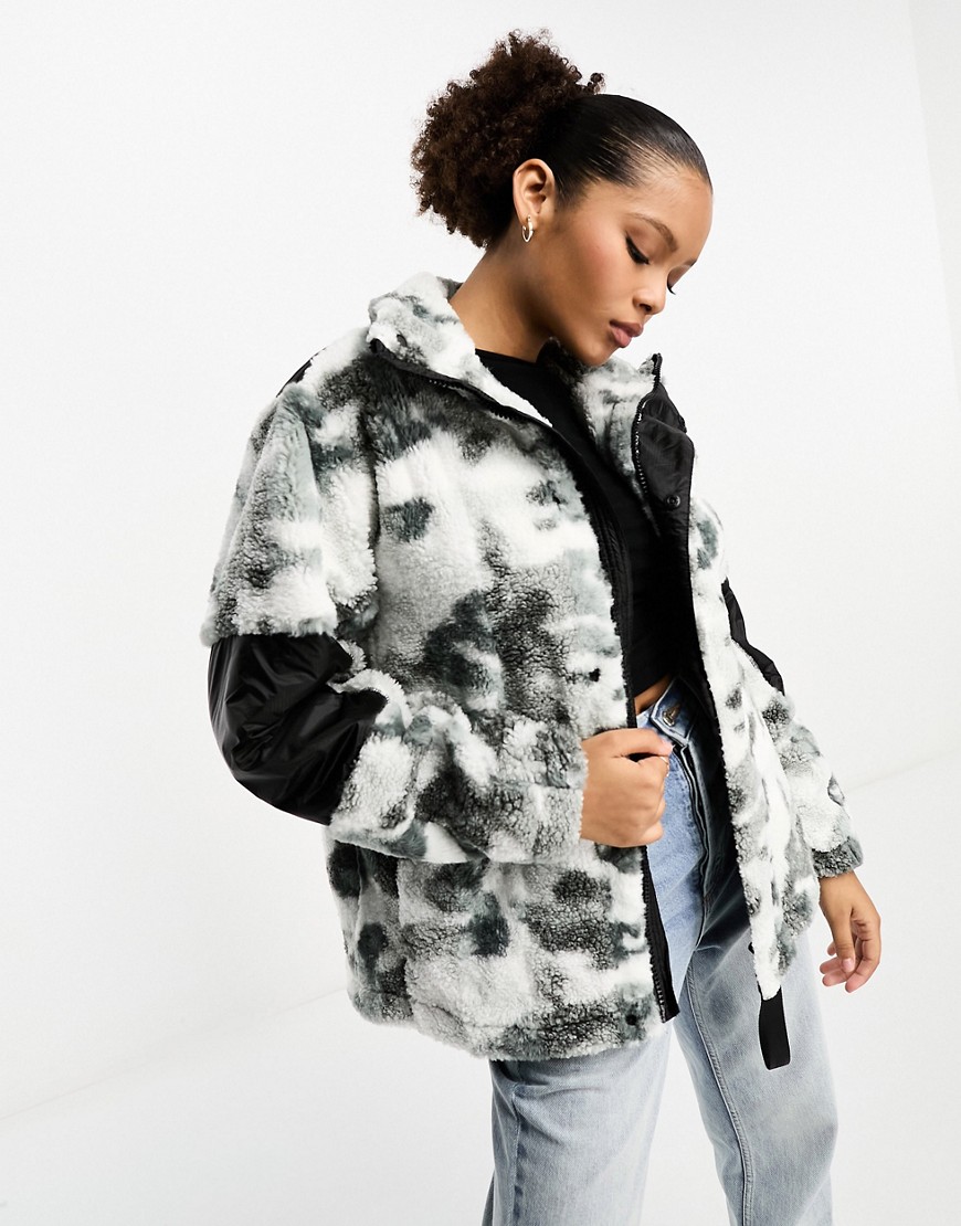 Topshop Tall faux fur checkerboard longline jacket in monochrome-Multi