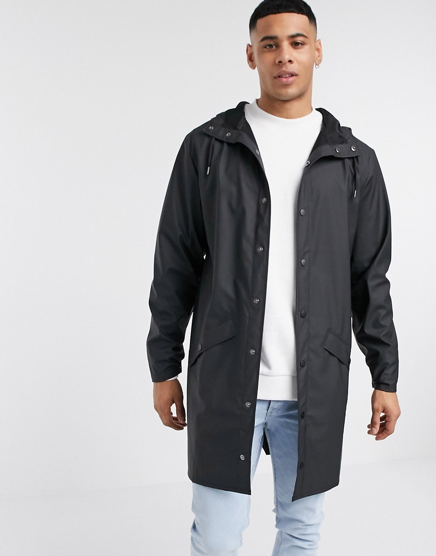 Rains long hooded jacket in black