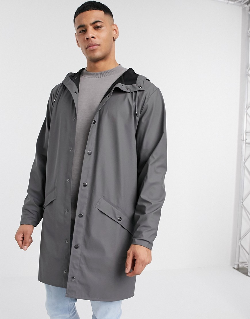 Rains long hooded jacket in charcoal-Grey