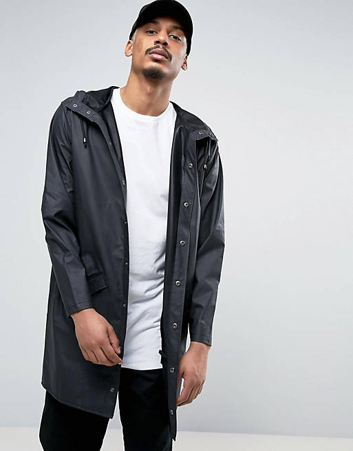 Rains long hooded jacket waterproof in black