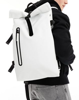 Rains Rolltop unisex waterproof contrast large rucksack in powder white - ASOS Price Checker